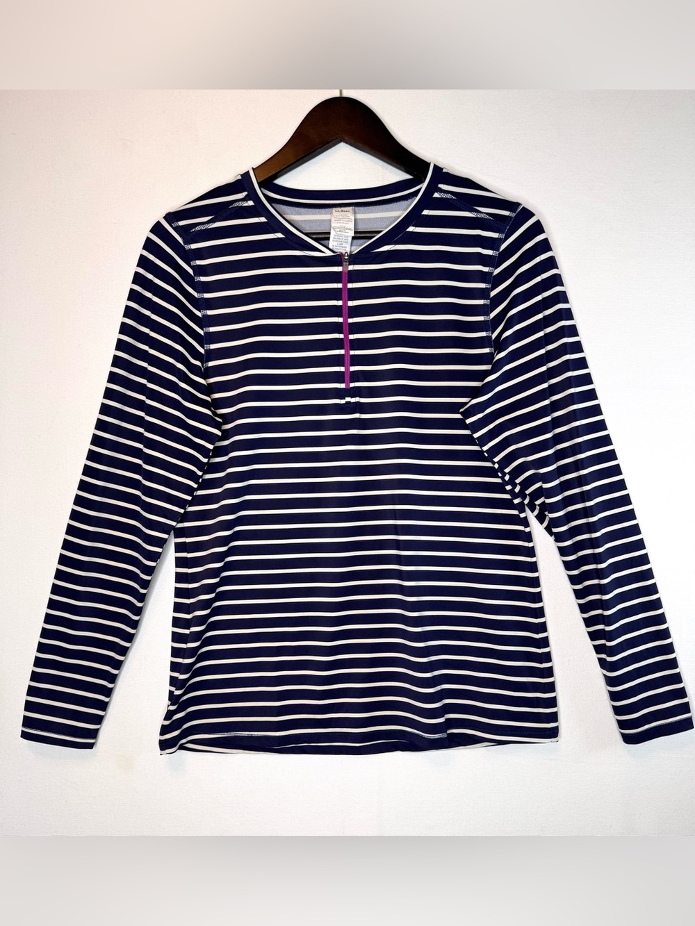 L.L. Bean women's long sleeve 1/4 zip swimwear rash guard Blue Cream Stripe Sz M